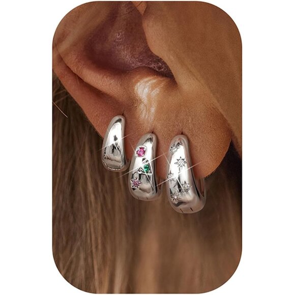 3Pairs Chunky Lightweight Hypoallergenic MultiColored CZ Silver Huggie Earrings - Picture 1 of 8